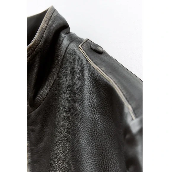 NWT Zara Distressed Effect High Collar Leather Jacket Dark Brown Sz:L
